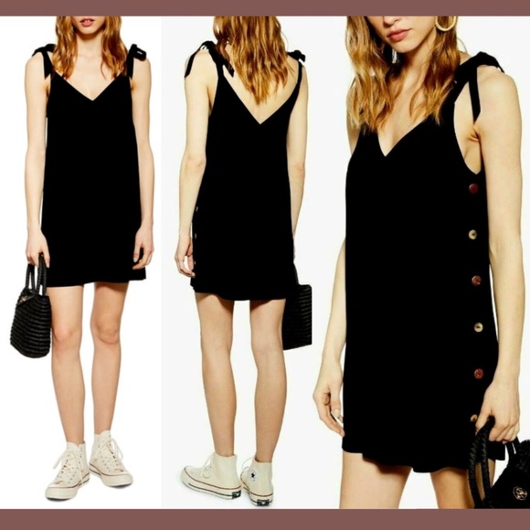 NWT TOPSHOP [ 8 US ] Tilda Button‎ Mini Slipdress In Black - Picture 1 of 12